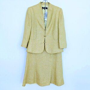 KASPER 100% Linen Skirt Suit Size 10 / 12 Stand Up Collar Tan Khaki Lined 2PC